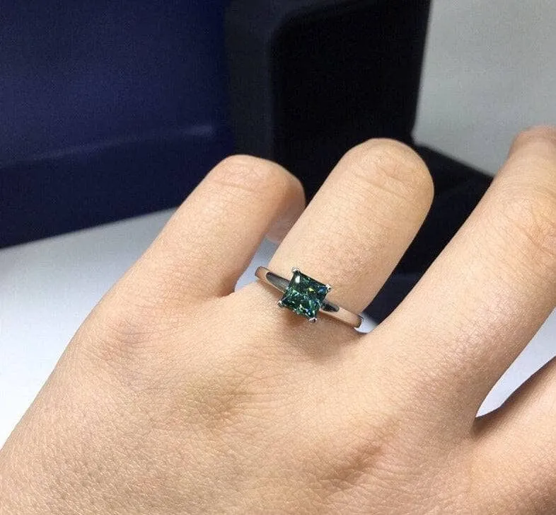 1 Carat Princess Cut Green Diamond Engagement Ring