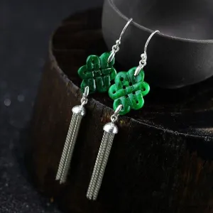10% OFF- 2 pcs-Certified Natural Jadeite Emerald Jade A Pair of Chinese Endless Knot Tassels Jade Earrings《Grade A》