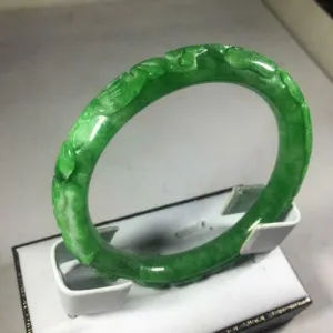 10% OFF- 56/57/58mm Certified Natural Green Jadeite Emerald A*Jade HandCarve Ruyi Flower-Money Coin Round Bracelet Bangle GX3140