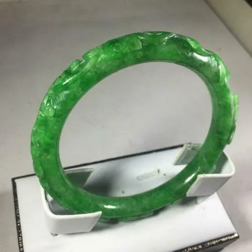 10% OFF- 56/57/58mm Certified Natural Green Jadeite Emerald A*Jade HandCarve Ruyi Flower-Money Coin Round Bracelet Bangle GX3140