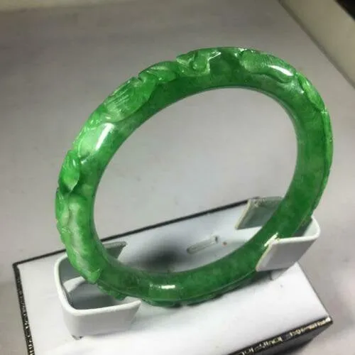 10% OFF- 56/57/58mm Certified Natural Green Jadeite Emerald A*Jade HandCarve Ruyi Flower-Money Coin Round Bracelet Bangle GX3140