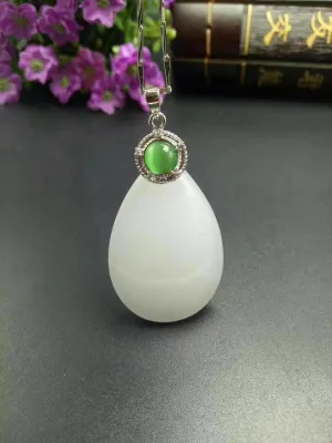 10% OFF- Certified Chinese Natural Emerald White Jade Handcarved Oval Pendant A2018
