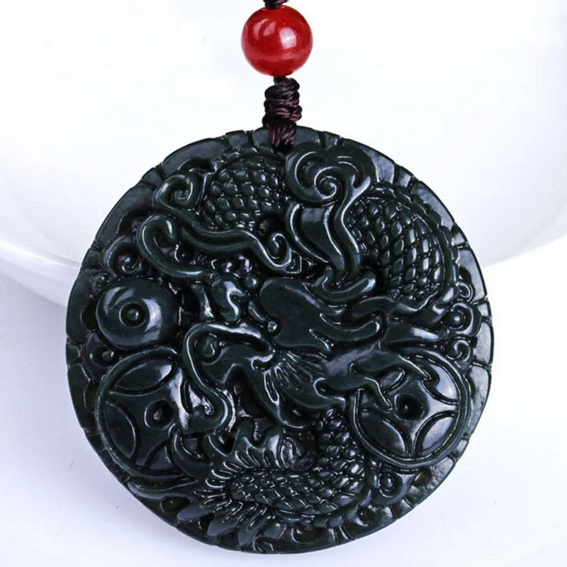 10% OFF- Certified Natural Black Green Emerald A*Jade HandCarved Dragon Pendant A90