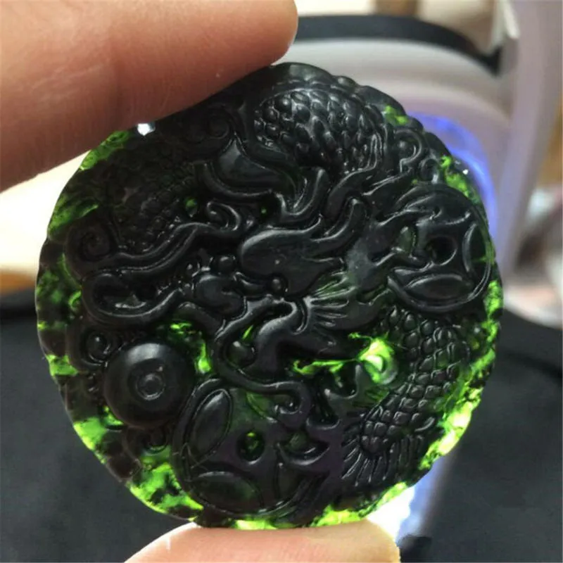 10% OFF- Certified Natural Black Green Emerald A*Jade HandCarved Dragon Pendant A90