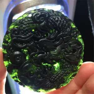 10% OFF- Certified Natural Black Green Emerald A*Jade HandCarved Dragon Pendant A90