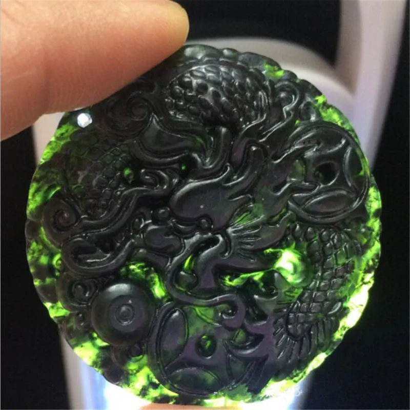 10% OFF- Certified Natural Black Green Emerald A*Jade HandCarved Dragon Pendant A90