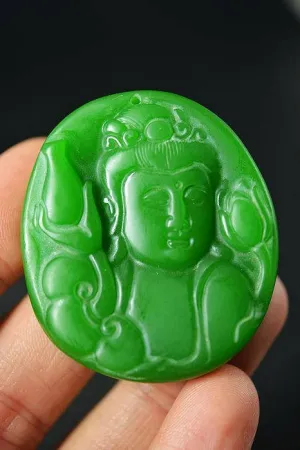 10% OFF- Certified Natural Emerald Jade Handcarved Guanyin Pendant A19402018