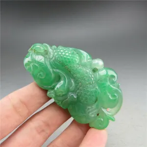 10% OFF- Certified Natural Ice Green Jadeite Emerald A Jade HandCarved Dragon Ruyi Pendant A1940