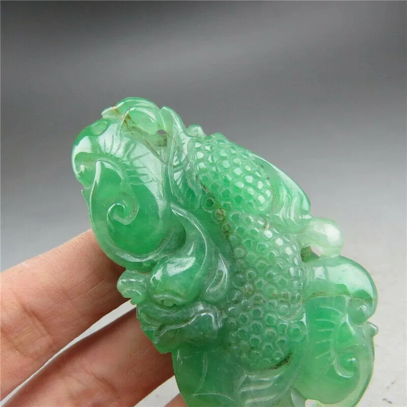 10% OFF- Certified Natural Ice Green Jadeite Emerald A Jade HandCarved Dragon Ruyi Pendant A1940