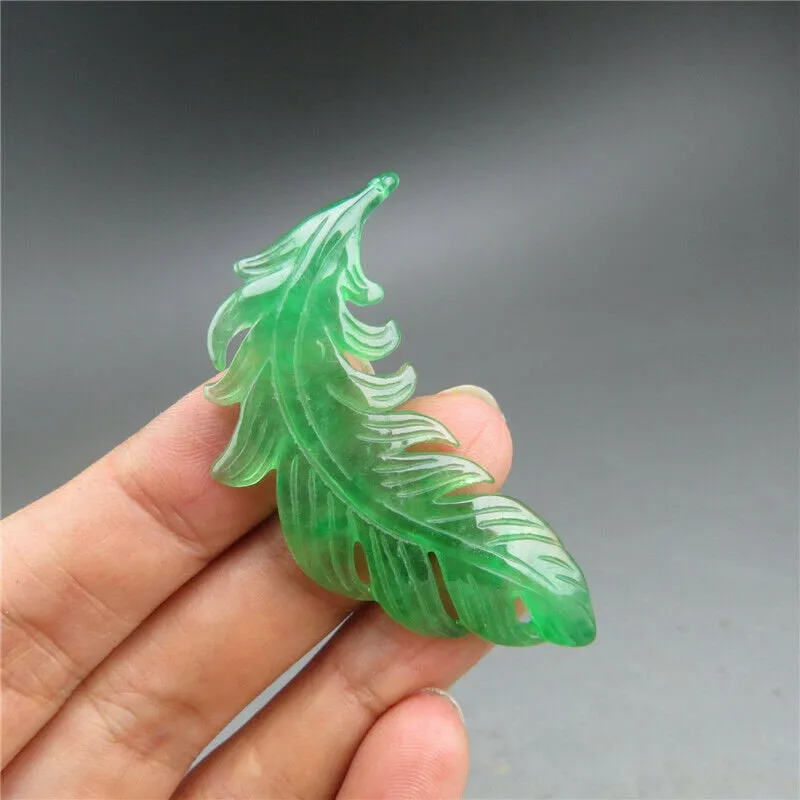 10% OFF- Certified Natural Ice Green Jadeite Emerald A Jade HandCarved Leaf Pendant A536