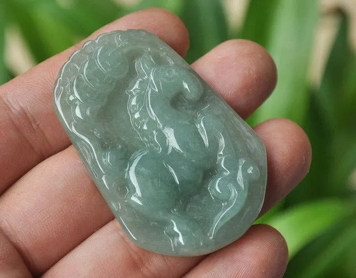 10% OFF- Certified Natural Ice Jadeite Emerald Jade Tablet Translucent Horse Pendant 《Grade A》3826