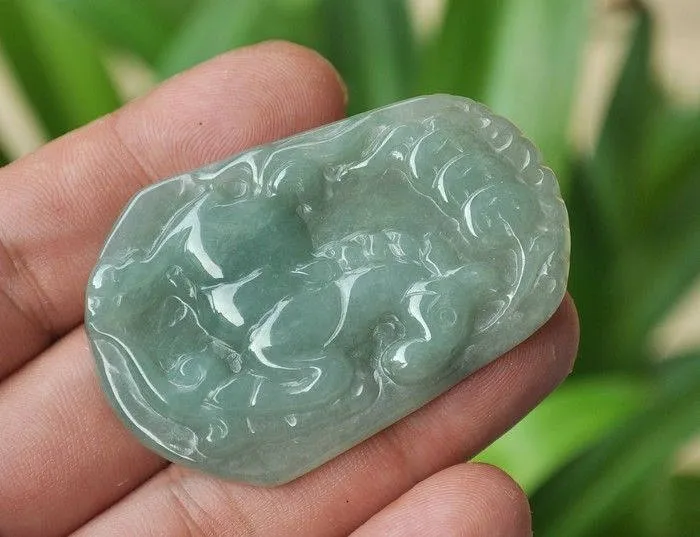 10% OFF- Certified Natural Ice Jadeite Emerald Jade Tablet Translucent Horse Pendant 《Grade A》3826