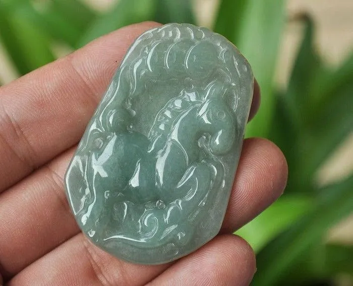 10% OFF- Certified Natural Ice Jadeite Emerald Jade Tablet Translucent Horse Pendant 《Grade A》3826