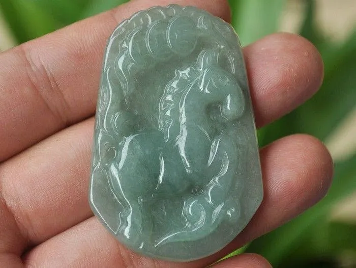 10% OFF- Certified Natural Ice Jadeite Emerald Jade Tablet Translucent Horse Pendant 《Grade A》3826