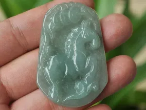10% OFF- Certified Natural Ice Jadeite Emerald Jade Tablet Translucent Horse Pendant 《Grade A》3826