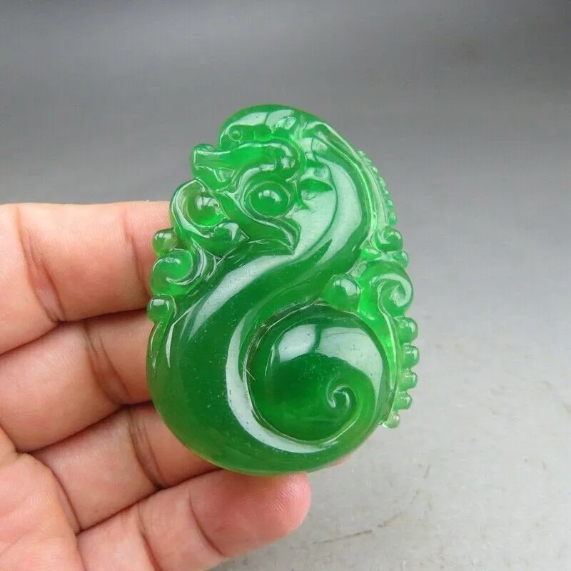 10% OFF- Certified Natural Icy Green Jadeite Emerald A Jade HandCarved Dragon Pendant A11
