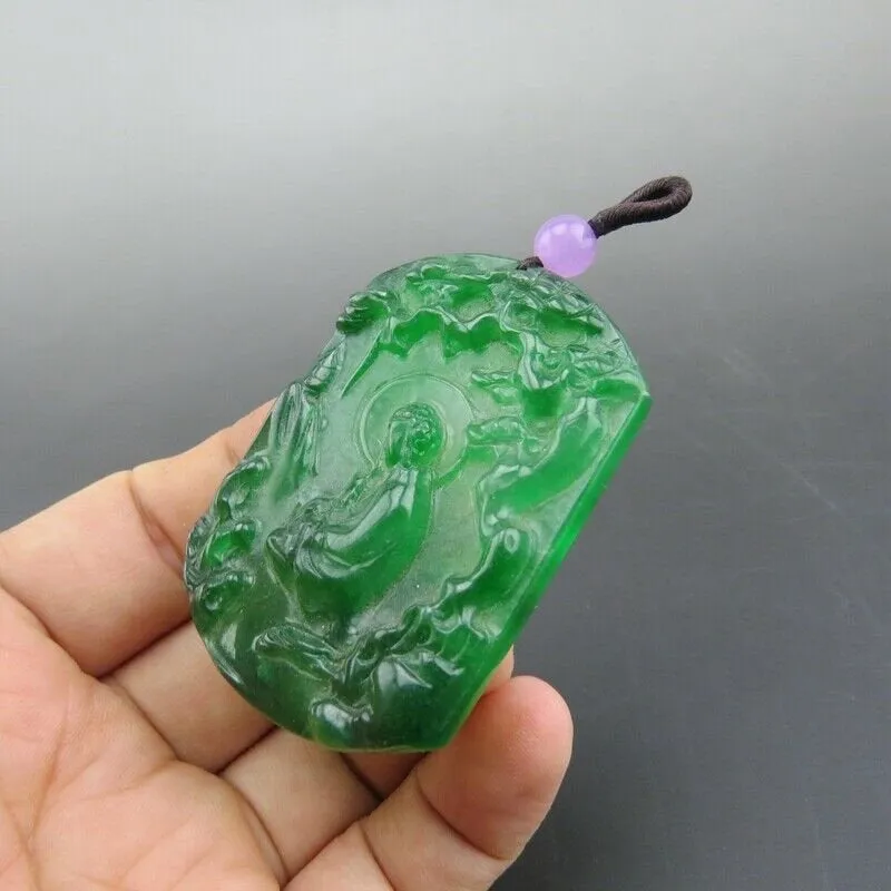 10% OFF- Certified Natural Icy Green Jadeite Emerald A Jade HandCarved Goddess of Mercy Pendant A211