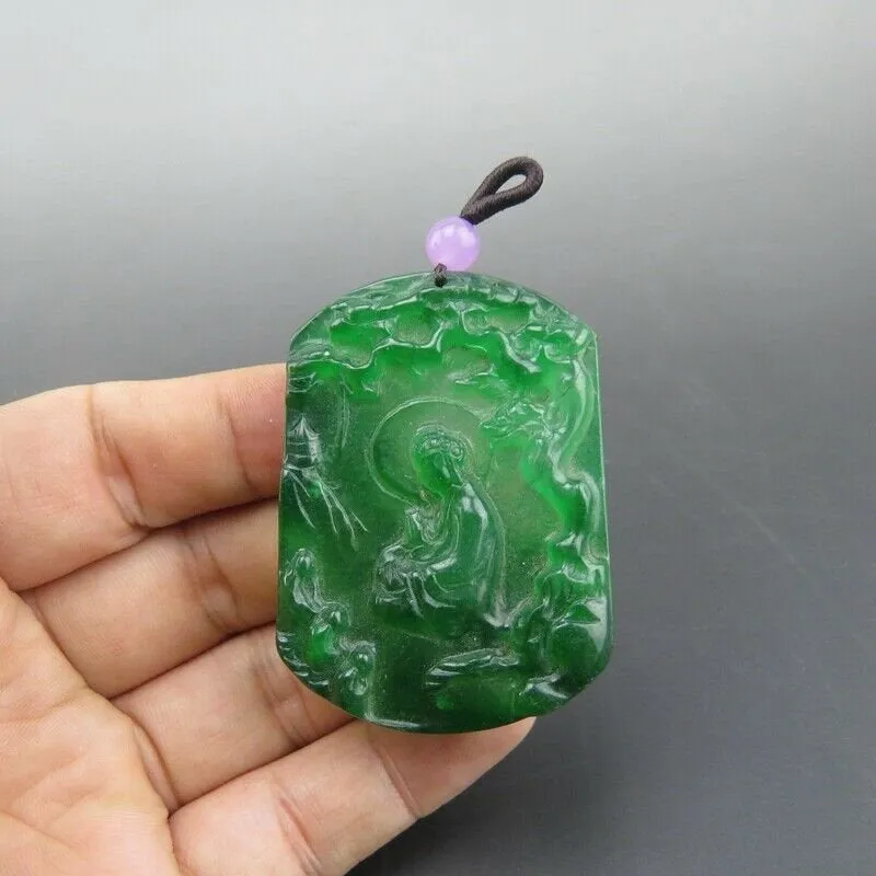 10% OFF- Certified Natural Icy Green Jadeite Emerald A Jade HandCarved Goddess of Mercy Pendant A211
