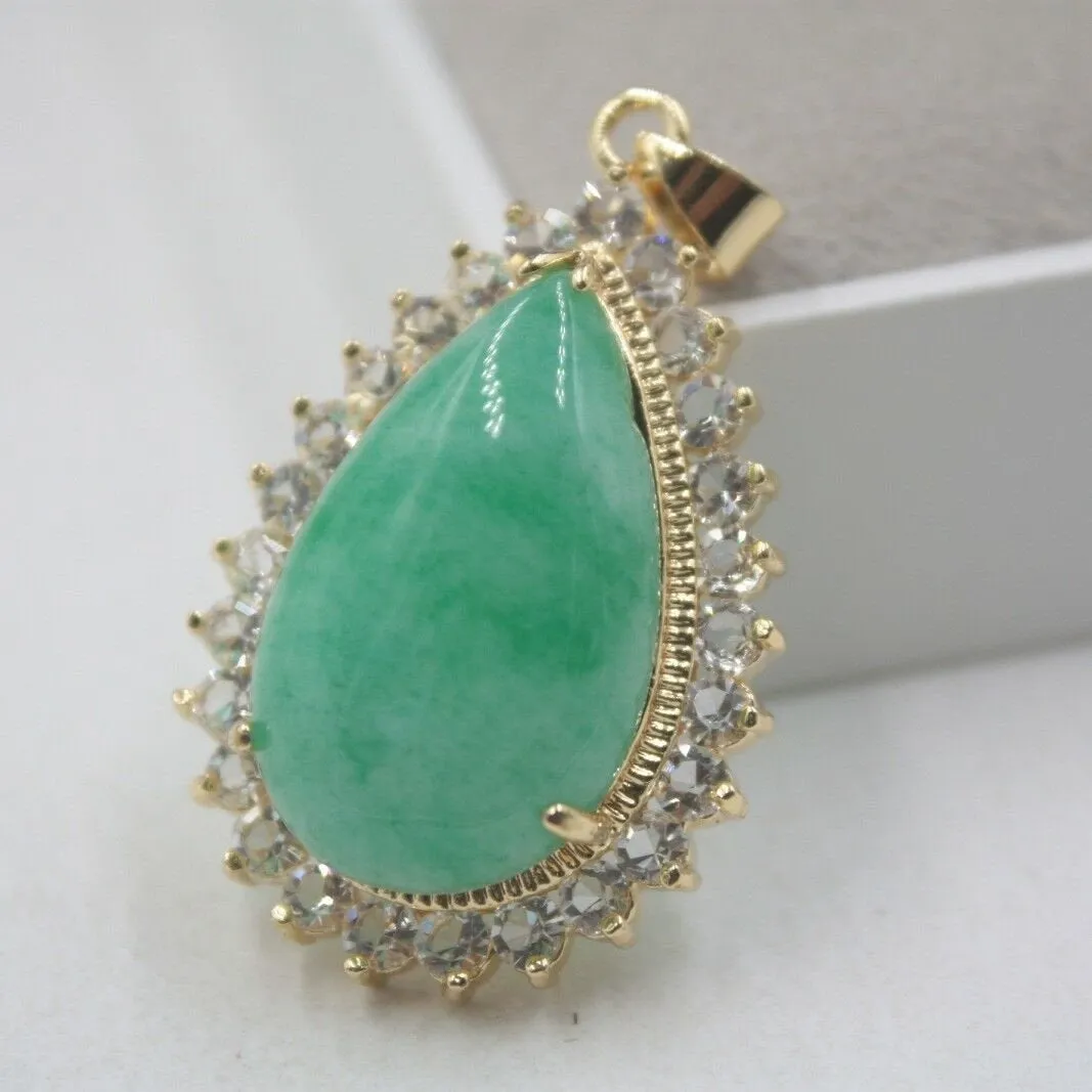 10% OFF-  Certified Natural Jadeite Emerald A Jade Handcarved Lovely Green Jade Pear Shape Pendant in 18K GP 42mm H