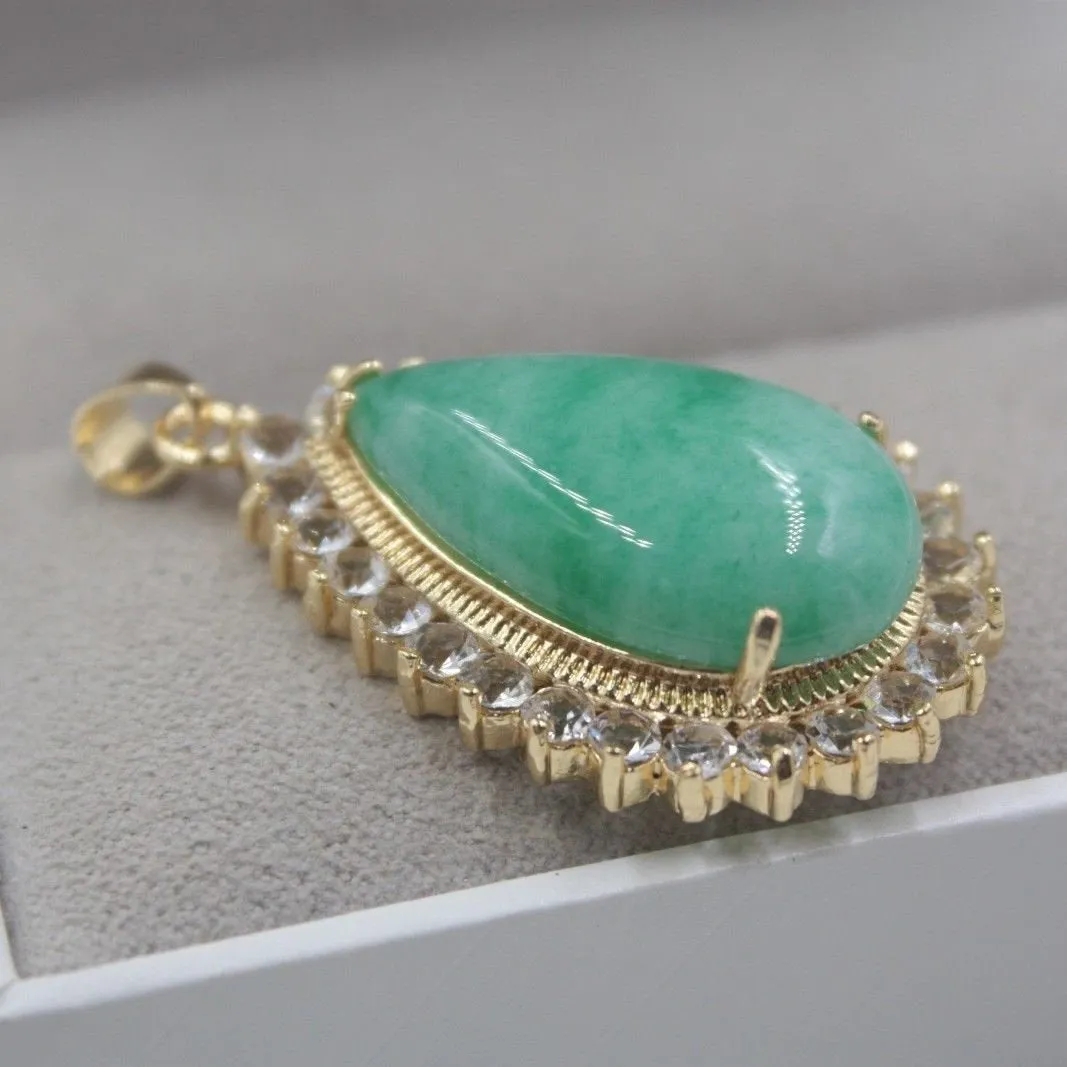 10% OFF-  Certified Natural Jadeite Emerald A Jade Handcarved Lovely Green Jade Pear Shape Pendant in 18K GP 42mm H