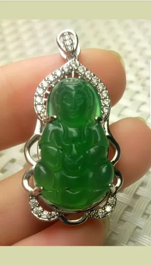 10% OFF- Certified Natural Jadeite Emerald A Jade Handcrafted Guanyin 925 Sterling Silver Pendant