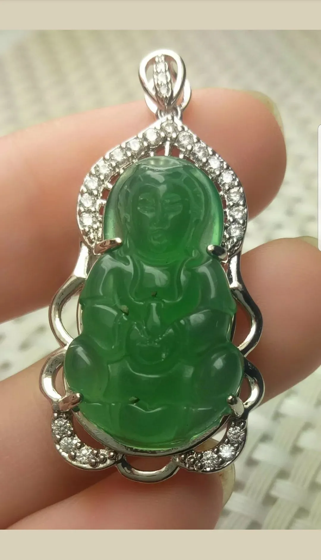 10% OFF- Certified Natural Jadeite Emerald A Jade Handcrafted Guanyin 925 Sterling Silver Pendant