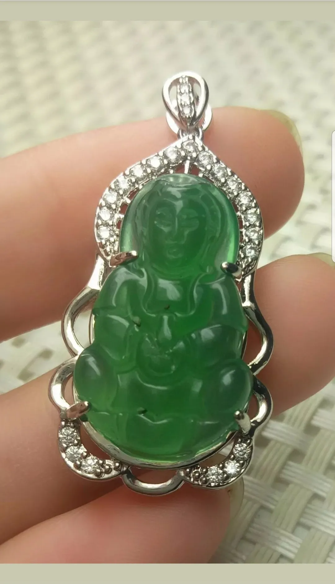 10% OFF- Certified Natural Jadeite Emerald A Jade Handcrafted Guanyin 925 Sterling Silver Pendant