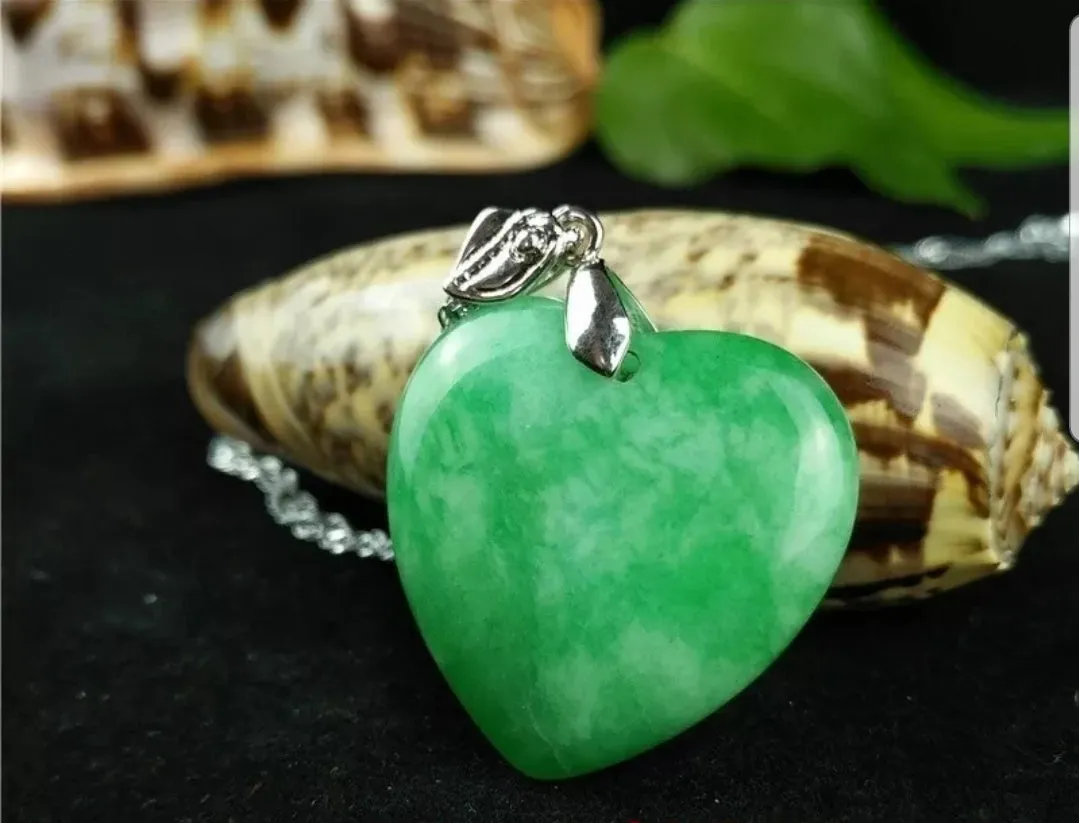 10% OFF- Certified Natural Jadeite Emerald A Jade Handcrafted Heart Pendant-Silver Necklace