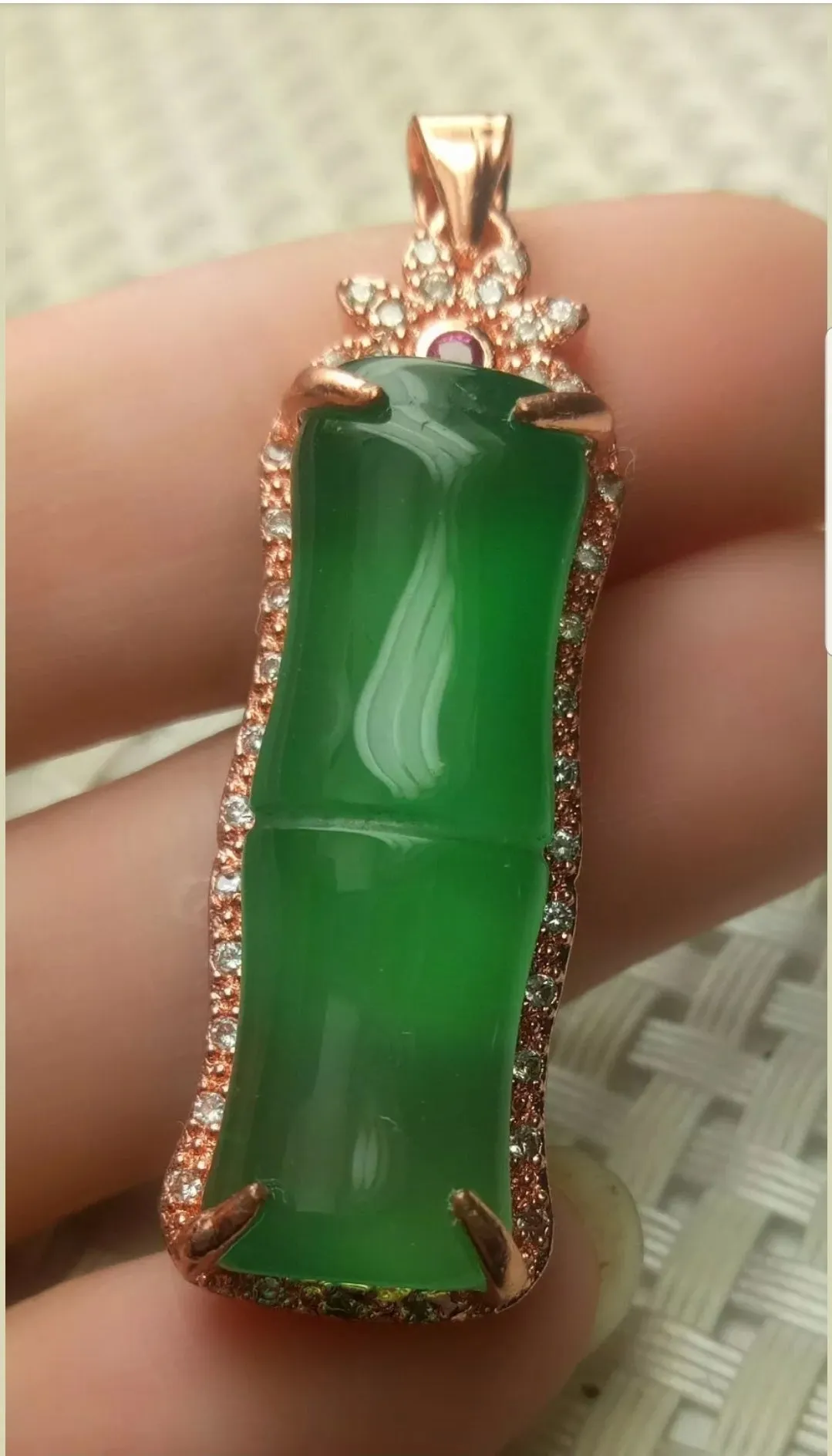 10% OFF- Certified Natural Jadeite Emerald A Jade Handcrafted Lucky Bamboo Rose GP 925 Sterling Silver Pendant