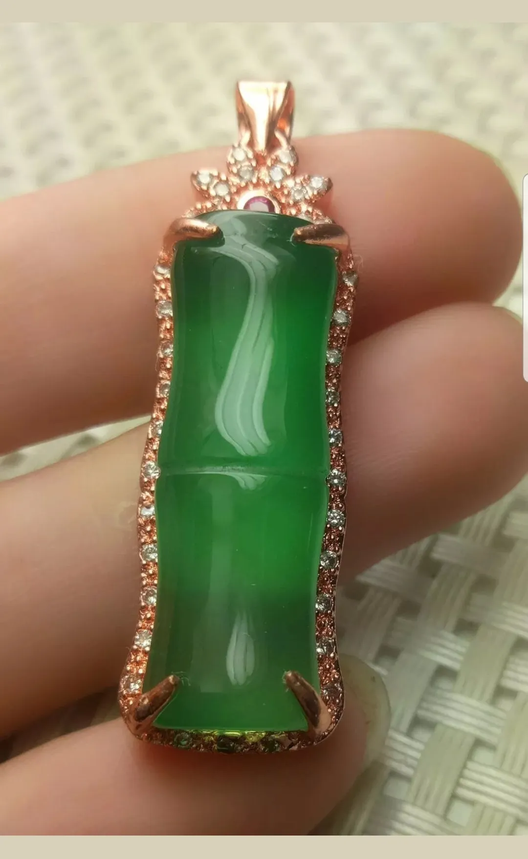 10% OFF- Certified Natural Jadeite Emerald A Jade Handcrafted Lucky Bamboo Rose GP 925 Sterling Silver Pendant