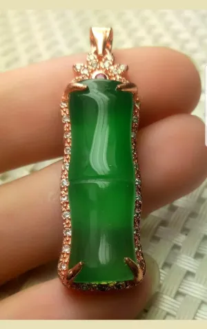 10% OFF- Certified Natural Jadeite Emerald A Jade Handcrafted Lucky Bamboo Rose GP 925 Sterling Silver Pendant