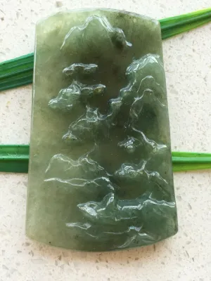 10% OFF- Certified Natural Oily Green Jadeite Emerald A*Jade Handcarved Landscape Pendant X0230