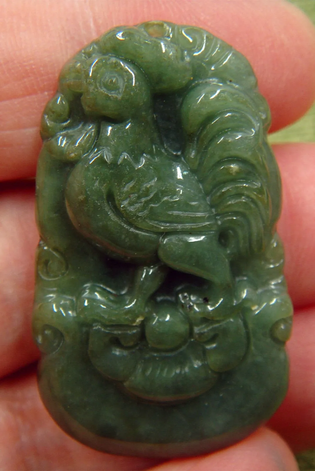 10% OFF- Certified Natural Oily Green Jadeite Emerald A*Jade HandCarved Rooster鸡 Pendant 2633