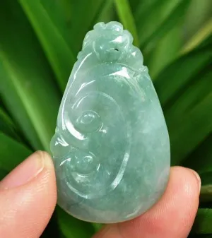10% OFF- Certified Natural Oily Icy Jadeite Emerald A*Jade HandCarved Dragon-Ruyi Pendant A1940