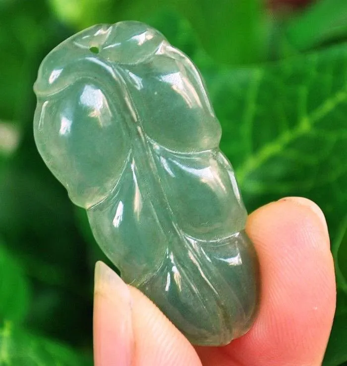 10% OFF- Certified Natural Oily Icy Jadeite Emerald A*Jade HandCarved Leaf Pendant 0539