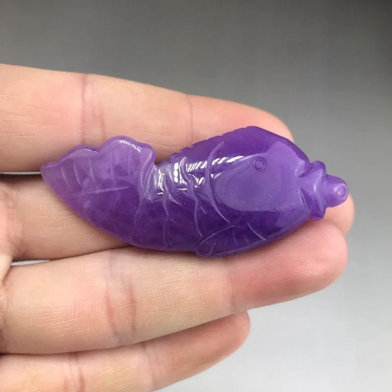 10% OFF- Certified Natural Purple Jadeite Emerald Jade HandCarved Gold Fish Pendant《Grade A》A238
