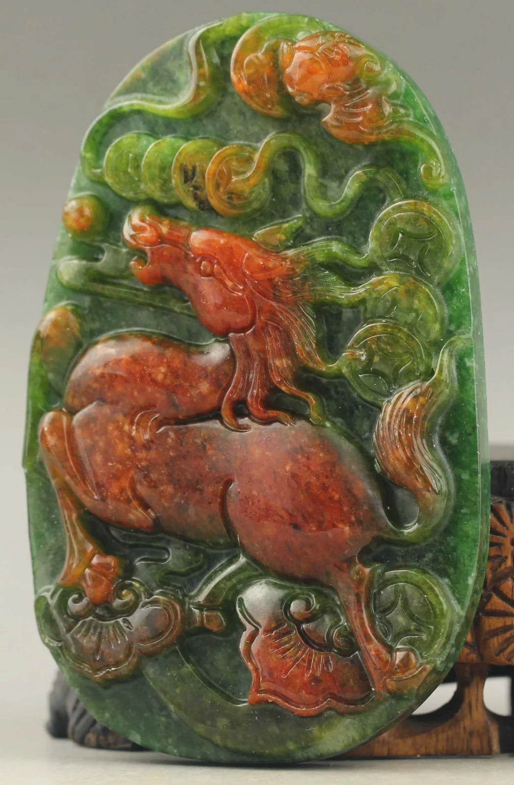 10% OFF- Certified Natural Red and Green Jadeite Emerald Jade Handcarved Horse Pendant《Grade A》NO.C899