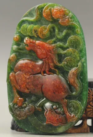 10% OFF- Certified Natural Red and Green Jadeite Emerald Jade Handcarved Horse Pendant《Grade A》NO.C899