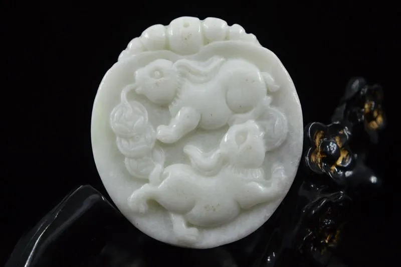 10% OFF- Certified Natural White Emerald A*Jade HandCarved Rabbits Pendant A88