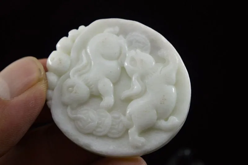 10% OFF- Certified Natural White Emerald A*Jade HandCarved Rabbits Pendant A88