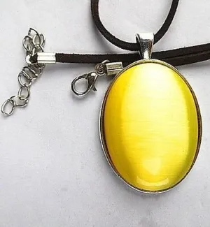 10% OFF- Certified Natural Yellow Emerald A*Jade Oval Cat Eye Pendant with 18'' Rope Necklace