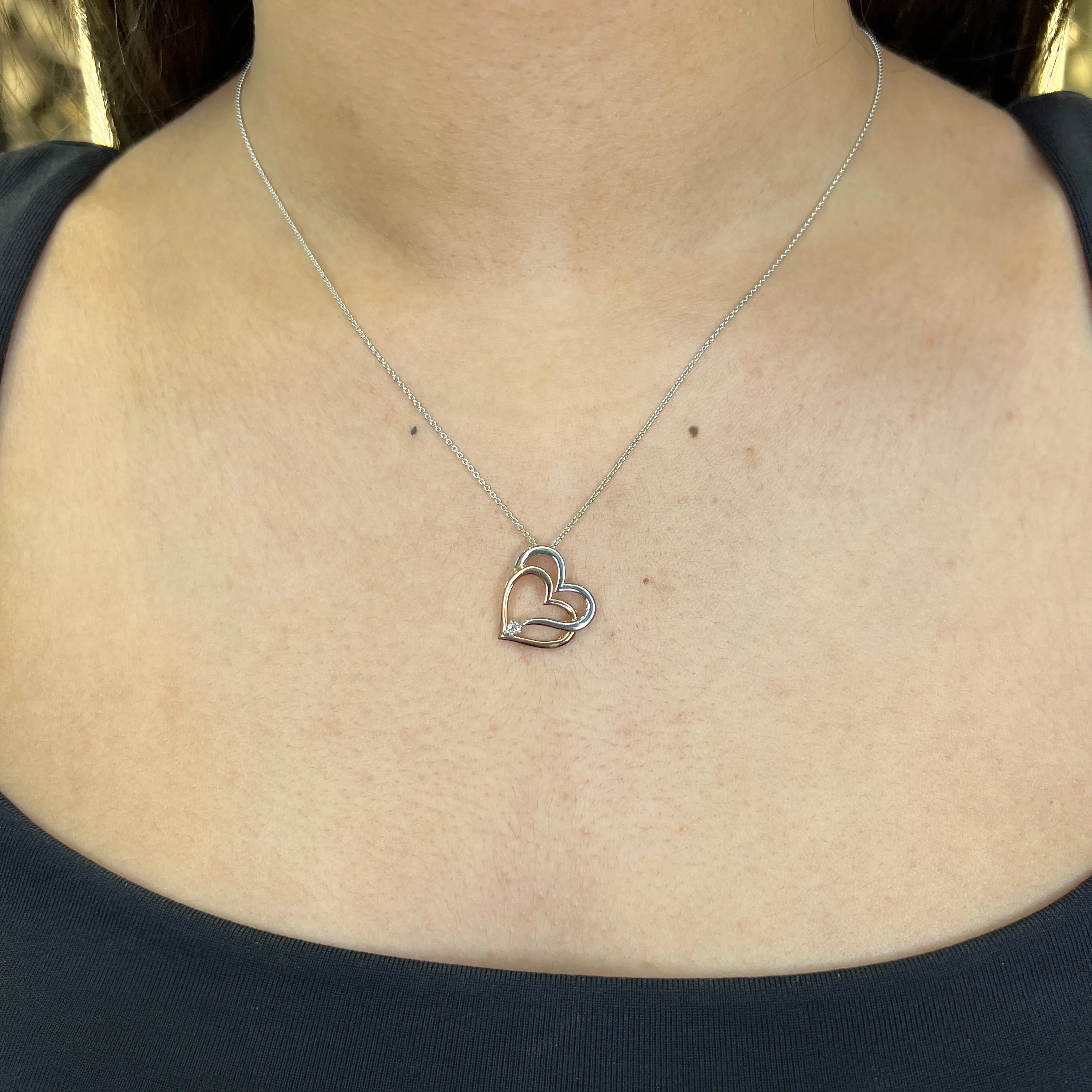 10K White and Rose Gold (0.028ct) Canadian Diamond Double Heart Necklace