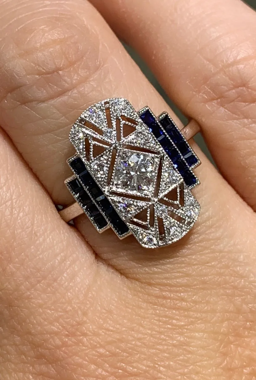 1.10CT TW Sapphire and Diamond Art-Deco Style Ring