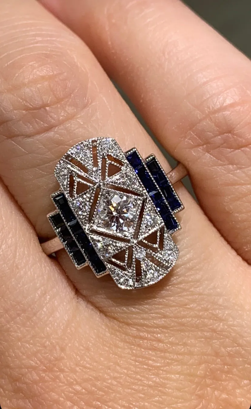 1.10CT TW Sapphire and Diamond Art-Deco Style Ring