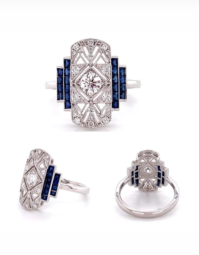 1.10CT TW Sapphire and Diamond Art-Deco Style Ring