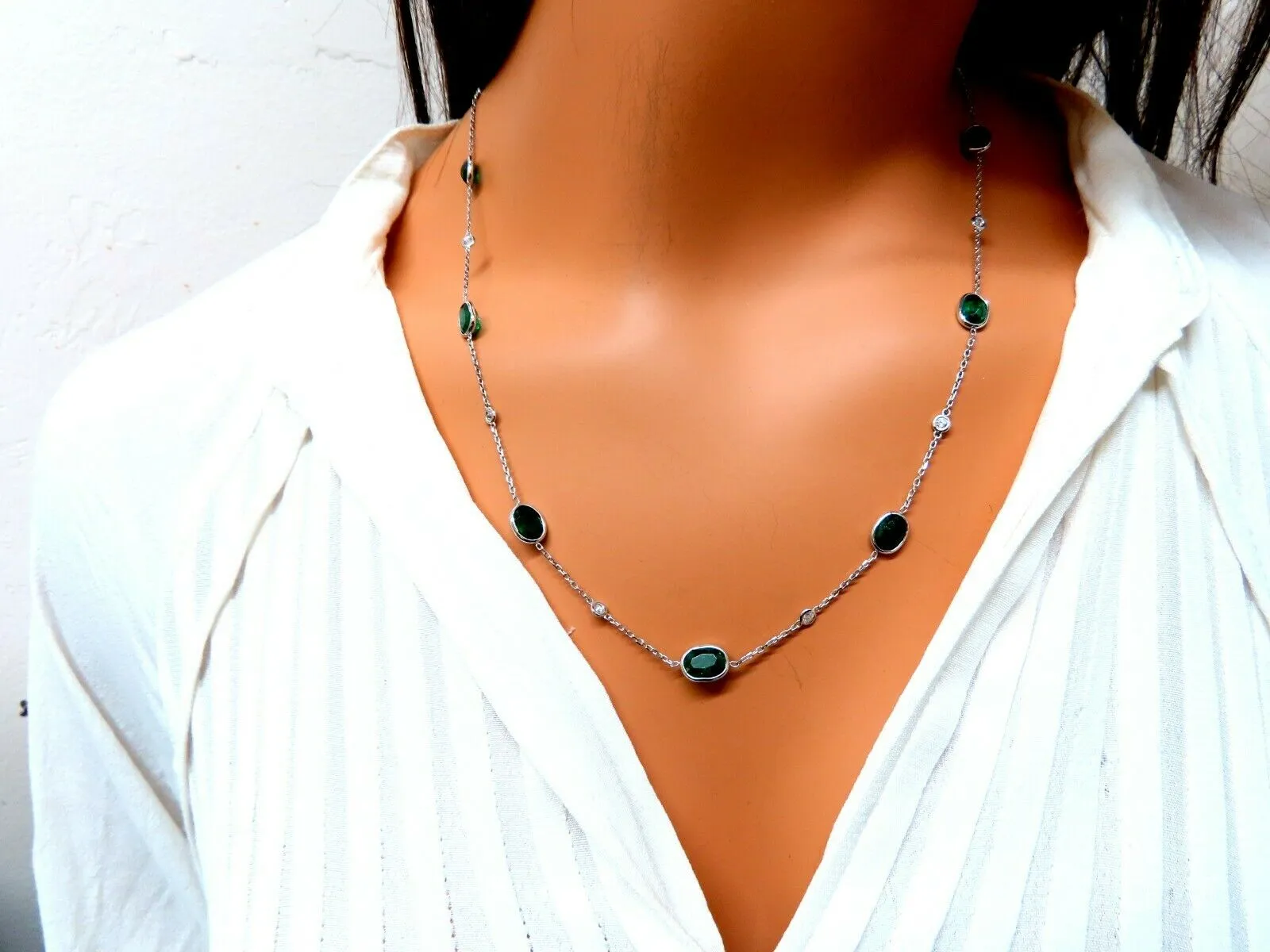 11.73ct. Natural Emeralds Diamonds Yard Necklace 14kt