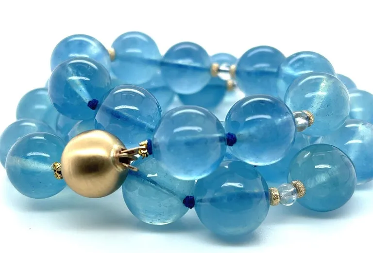 13-14mm Aquamarine and Moonstone Beaded Necklace with 14k Yellow Gold Accents