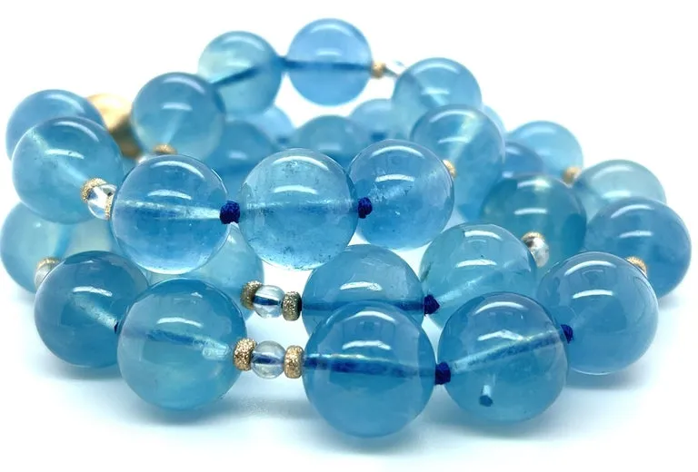 13-14mm Aquamarine and Moonstone Beaded Necklace with 14k Yellow Gold Accents