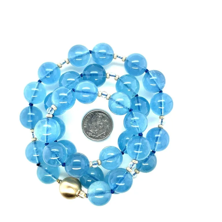 13-14mm Aquamarine and Moonstone Beaded Necklace with 14k Yellow Gold Accents