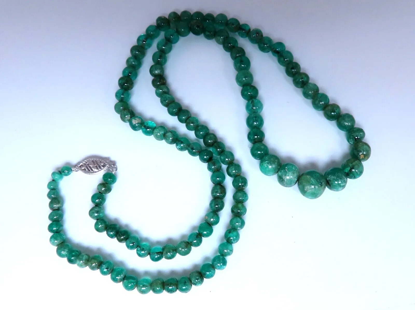 130ct Natural Emerald Beads necklace Graduated Strand 7-4mm 23 inch 14kt gold